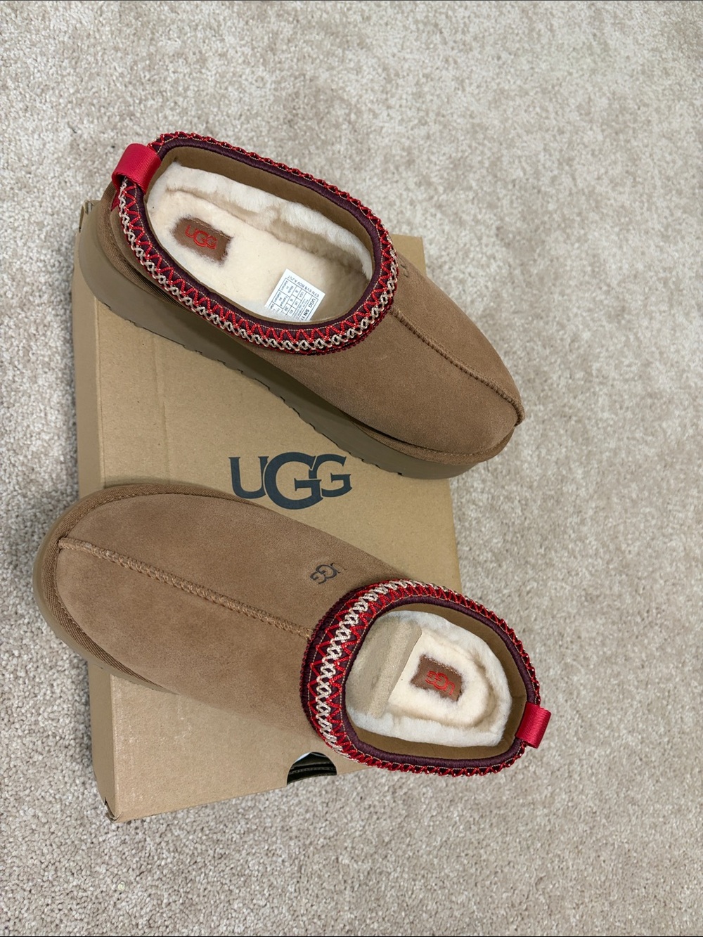 UGG Women's Chestnut Suede Slip-On Slippers with Red Trim